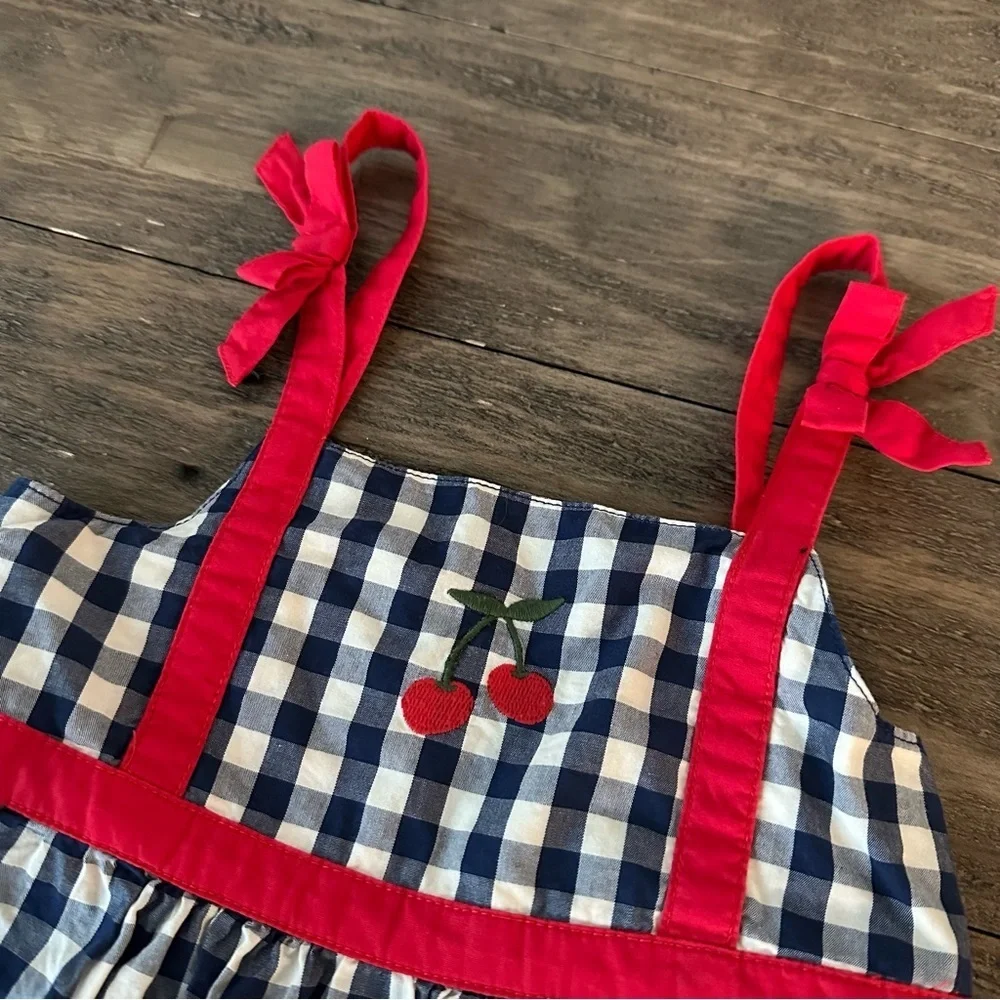 Hanna Andersson baby girls 18-24 months gingham Cherry Tank Dress Blue Bows Cute
